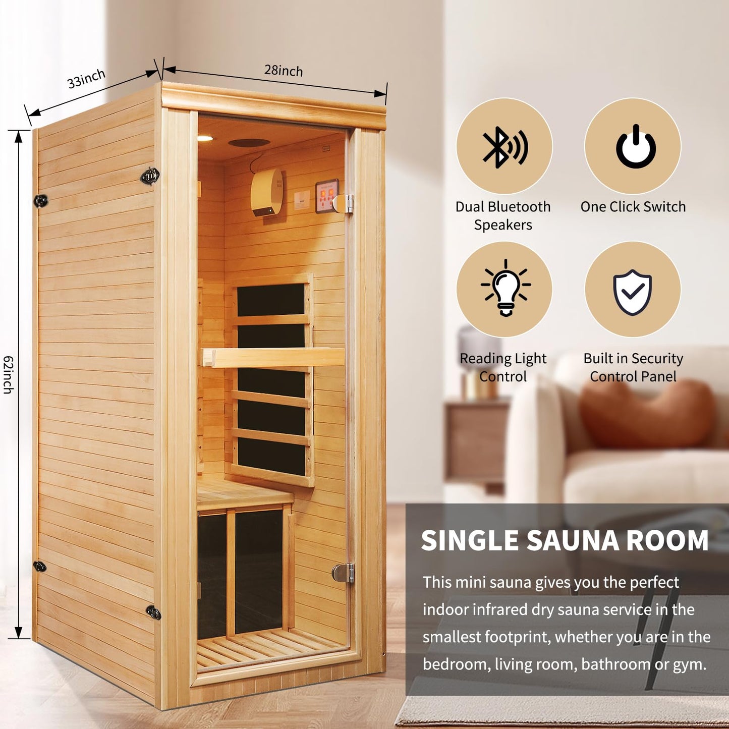 HAOYAYA Far Infrared Sauna Room Home Sauna 5 Heating Plates1-Person Infrared Saunas 980W Canadian Hemlock Sauna Room: 33.24 * 27.56 * 61.61 inches.