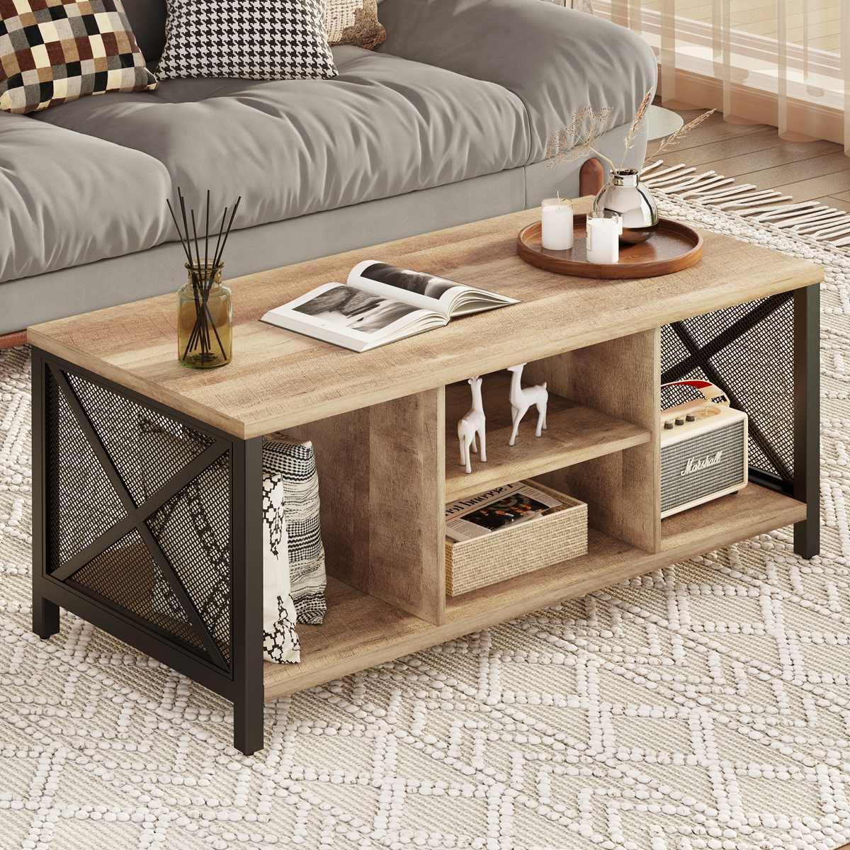 FATORRI Coffee Table for Living Room, Rustic Wood Center Table with Shelves, Farmhouse Rectangle Cocktail Tea Tables (Rustic Oak) - WoodArtSupply