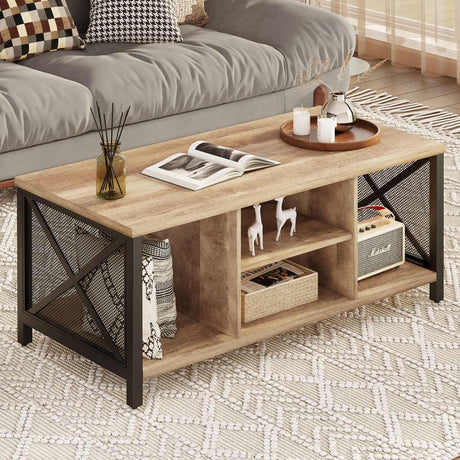 FATORRI Coffee Table for Living Room, Rustic Wood Center Table with Shelves, Farmhouse Rectangle Cocktail Tea Tables (Rustic Oak) FATORRI