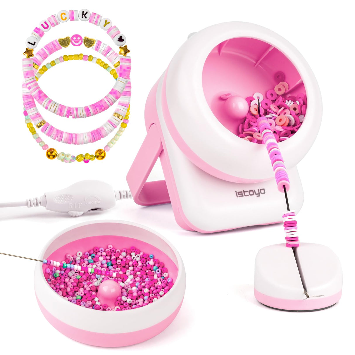 ISTOYO 2IN1 Adjustable Electric Clay and Seed Bead Spinner - Dual-Purpose Jewelry Making Tool with Big Eye Beading Needle - Ideal for Bracelets and Necklaces - Vibrant Pink ISTOYO