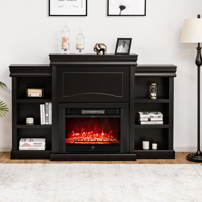 Tangkula 70" Mantel Fireplace, 750W/1500W Electric Fireplace w/Mantel & Built-in Bookshelves, 28.5-Inch Electric Fireplace w/Remote Control, 1-8H Timer, Adjustable Flame Brightness & Color (Black)