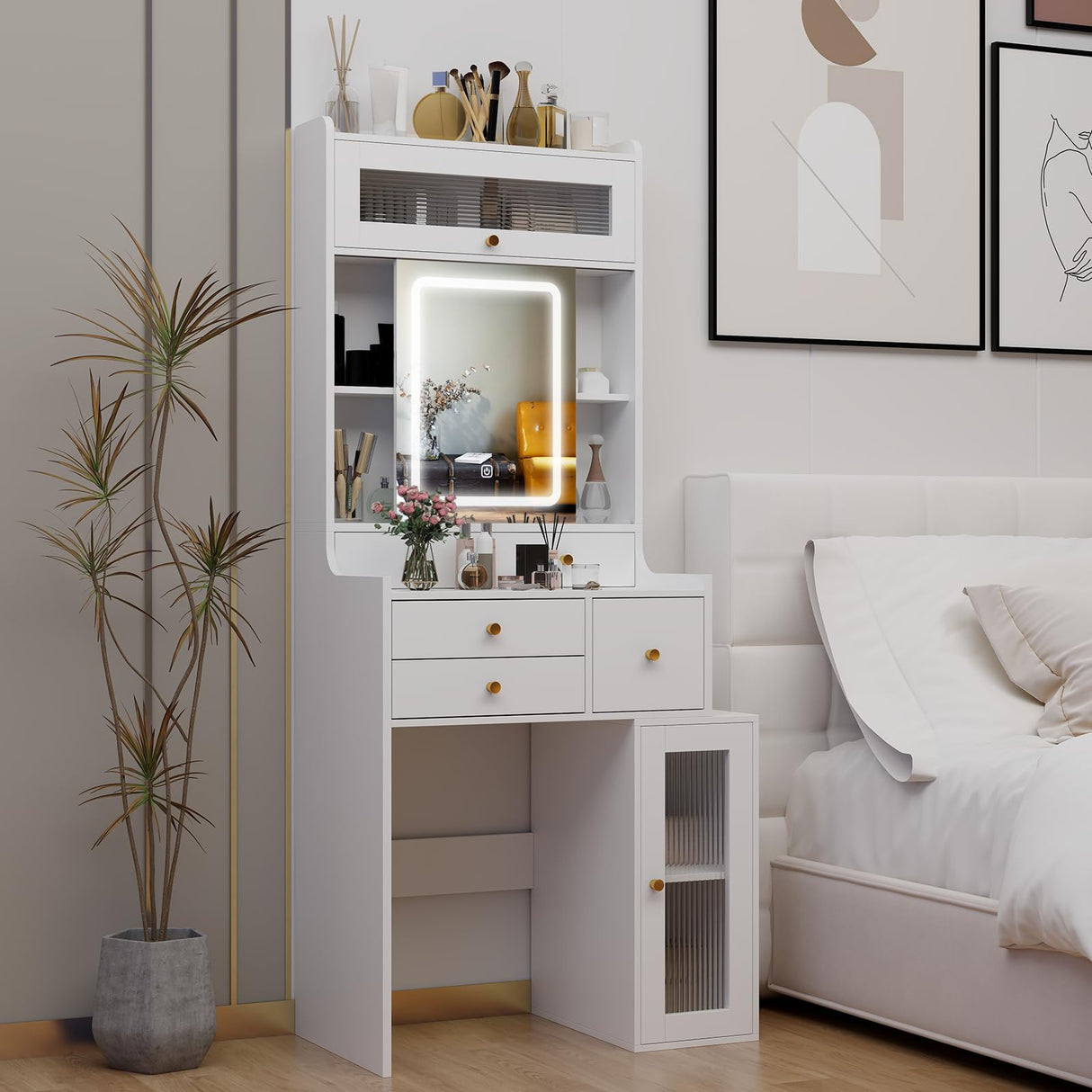 ARTETHYS Small Vanity Desk with Sliding Mirror and Lights White Makeup Vanities Set with Drawers Compact Dressing Table with Cabinet and Adjustable Shelves for Bedroom ARTETHYS