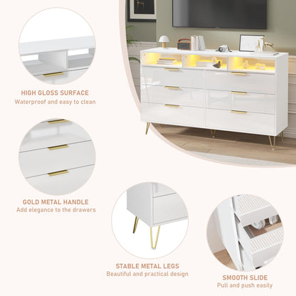 Hlivelood White Dresser for Bedroom with LED Lights, 6 Drawer Dresser with Gold Legs, High Gloss Modern Wide Dressers & Chests of Drawers, Living Room, Hallway, 55 Inch - WoodArtSupply