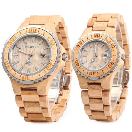 BEWELL ZS-100B Couple Watch Quartz Movement Wooden Watches His and Hers Handmade Lightweight Date Wristwatches BEWELL