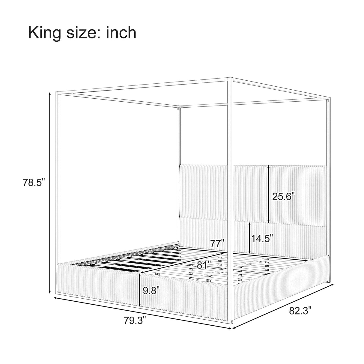 VilroCaz Modern King Size Canopy Platform Bed with Upholstery Channel Tufted Headboard, Metal 4-Poster Canopied Design Platform Bed Frame with Strong Slats Support (White+Black-King) VilroCaz