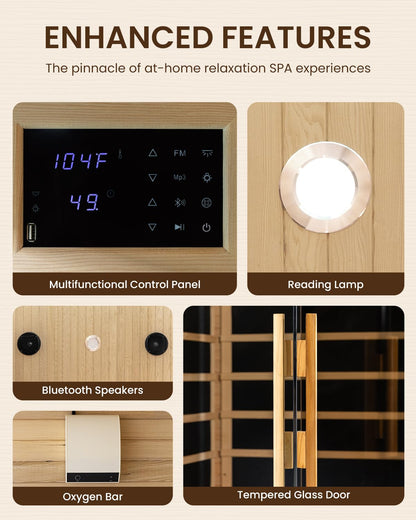 SpaZeit 1 Person Luxurious Far Infrared Sauna for Home Spa, 1700W Low EMF Wooden Dry Sauna Room with Bluetooth Speakers, LCD Control Panel, Tempered Glass Door, 74.76"x40.2"x40.56"