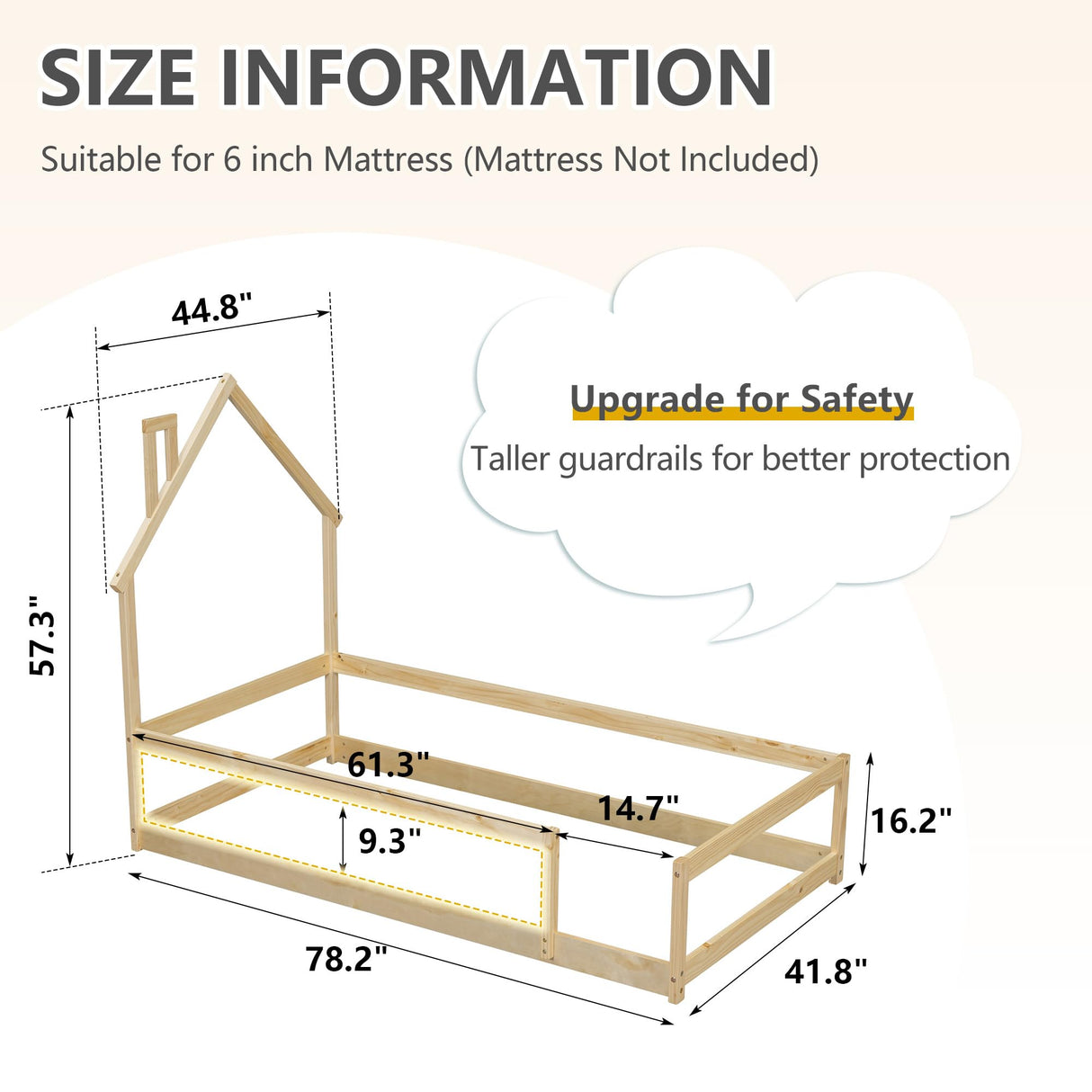 Dolonm Twin Size Montessori House-Shaped Floor Bed Frame with Guardrails in Natural Pine Wood Dolonm