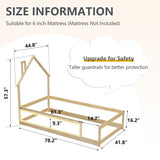 Dolonm Twin Size Montessori House-Shaped Floor Bed Frame with Guardrails in Natural Pine Wood Dolonm