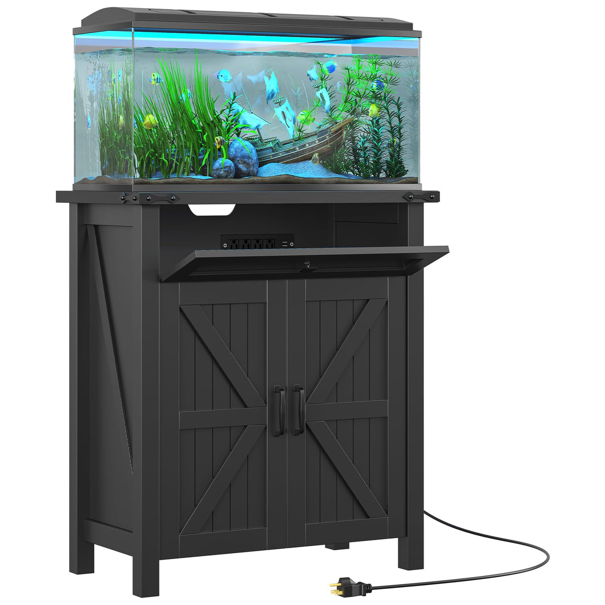 kepptory 20 Gallon Fish Tank Stand with Power Outlets, Farmhouse Decorative Aquarium Stand Furniture with Adjustable Shelves, 10-20 Gallon Reptile Turtle Tank Stand with Cabinet Storage (Black, 20GL) kepptory