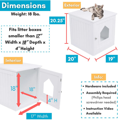 Decorative Cat House & Side Table | Cat Home Nightstand | Indoor Pet Crate | Litter Box Enclosure | Hooded Hidden Pet Box | Cats Furniture Cabinet | Kitty Washroom | White - WoodArtSupply