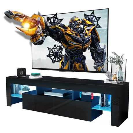 CFTEL Black TV Stand, 60 65 70 75 inch Wood TV Stand, High Glossy Entertainment Center with Large Drawers＆Glass Display Shelf, LED Modern Media Gaming Cabinet TV Console for Livingroom, Bedroom CFTEL