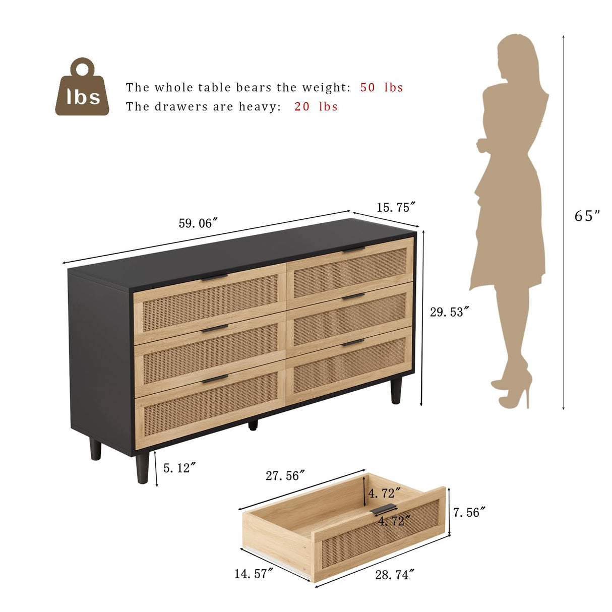 NTYUNRR Black Rattan Dresser, 6 Drawer Double Dresser for Bedroom, 59.06" Rattan Dresser for Closet, 6 Drawer Dresser Chest of Dressers Storage Cabinet with Metal Handles, TV Stands for Living Room, L NTYUNRR