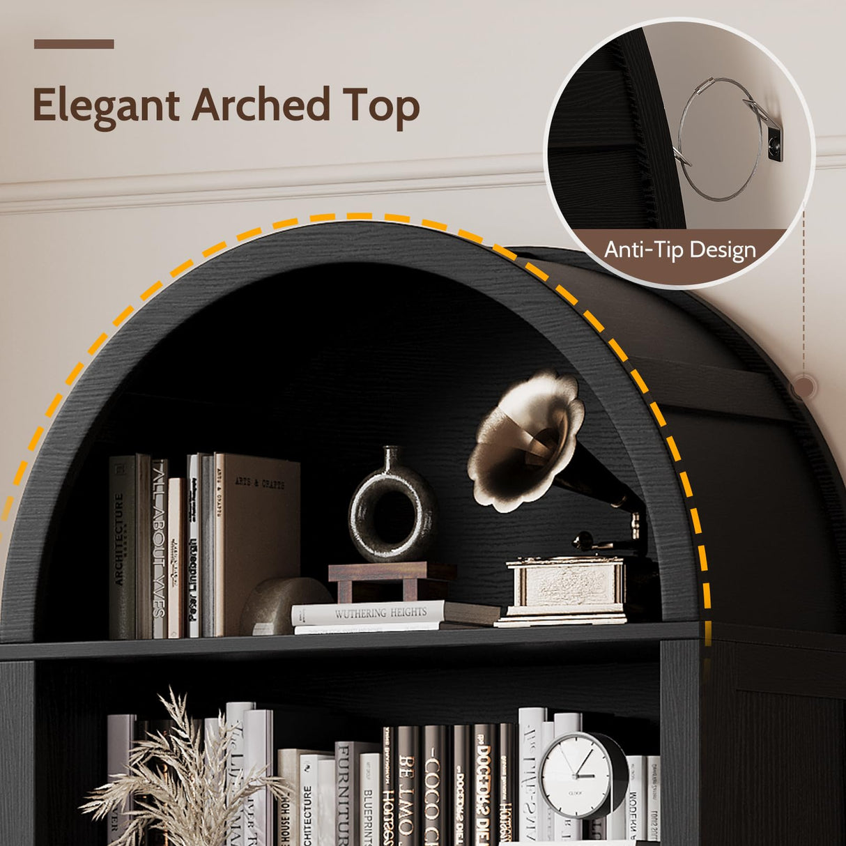 Vividwood 6-Tier Farmhouse Arched Bookshelf Bookcase with Doors, 70" Tall Storage Cabinet and Display Shelves, Open Shelves for Living Room or Office, Black Vividwood