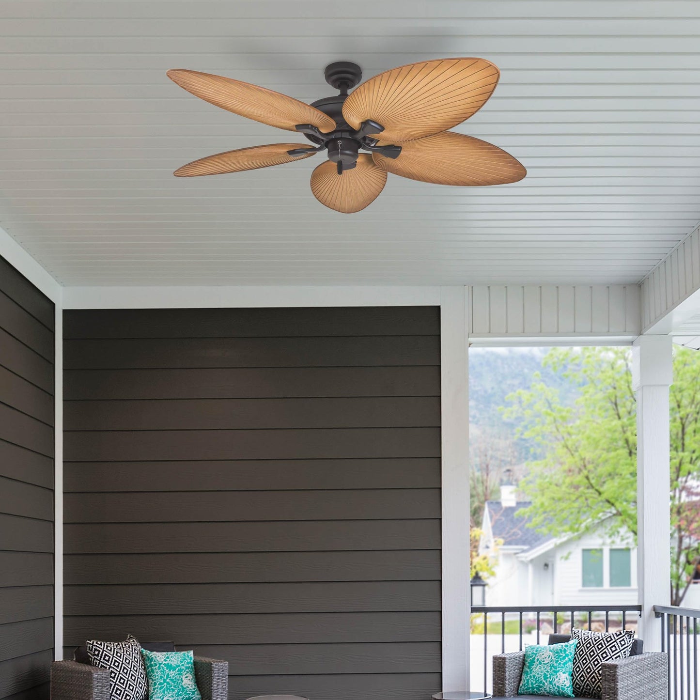 Honeywell Ceiling Fans Palm Island, 52 Inch Tropical Indoor Outdoor Ceiling Fan with No Light, Pull Chain, Three Mounting Options, 5 Palm Leaf Blades, Damp-Rated - 50505-01 (Bronze)