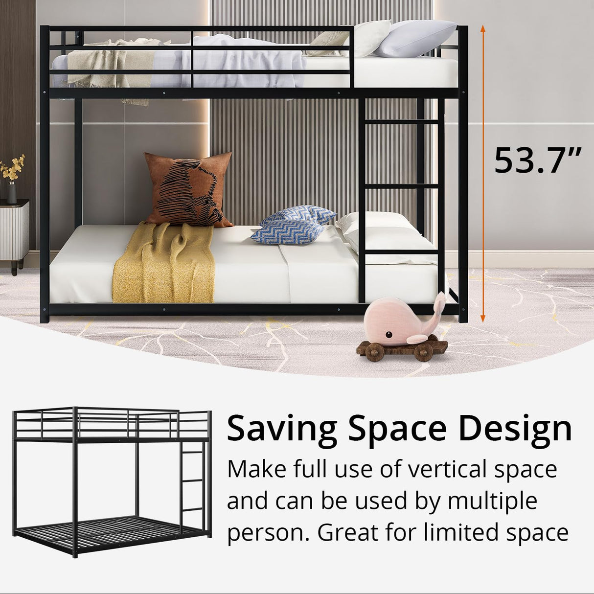 INCLAKE Full Over Full Bunk Bed, Heavy Duty Metal Bunk Bed Frame with Built-in Ladder and Safety Guard Rail, Low Bunk Bed for Teens Adults, Noisy Free & No Box Spring Needed, Black INCLAKE