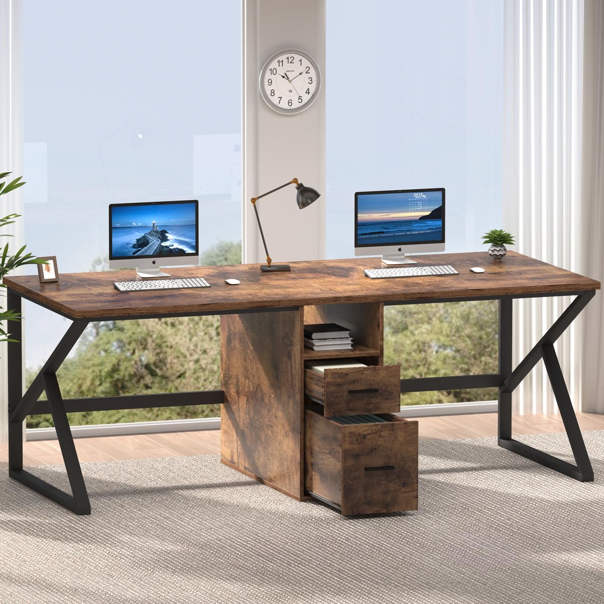 IBF 79" Two Person Office Desk,Large Double Long Pc Desk with File Drawer, 2 Person Computer Desk with Storage Cabinet Shelf, Industrial Wood Modern Work Dual Computer Table for Home, Rustic Brown IBF