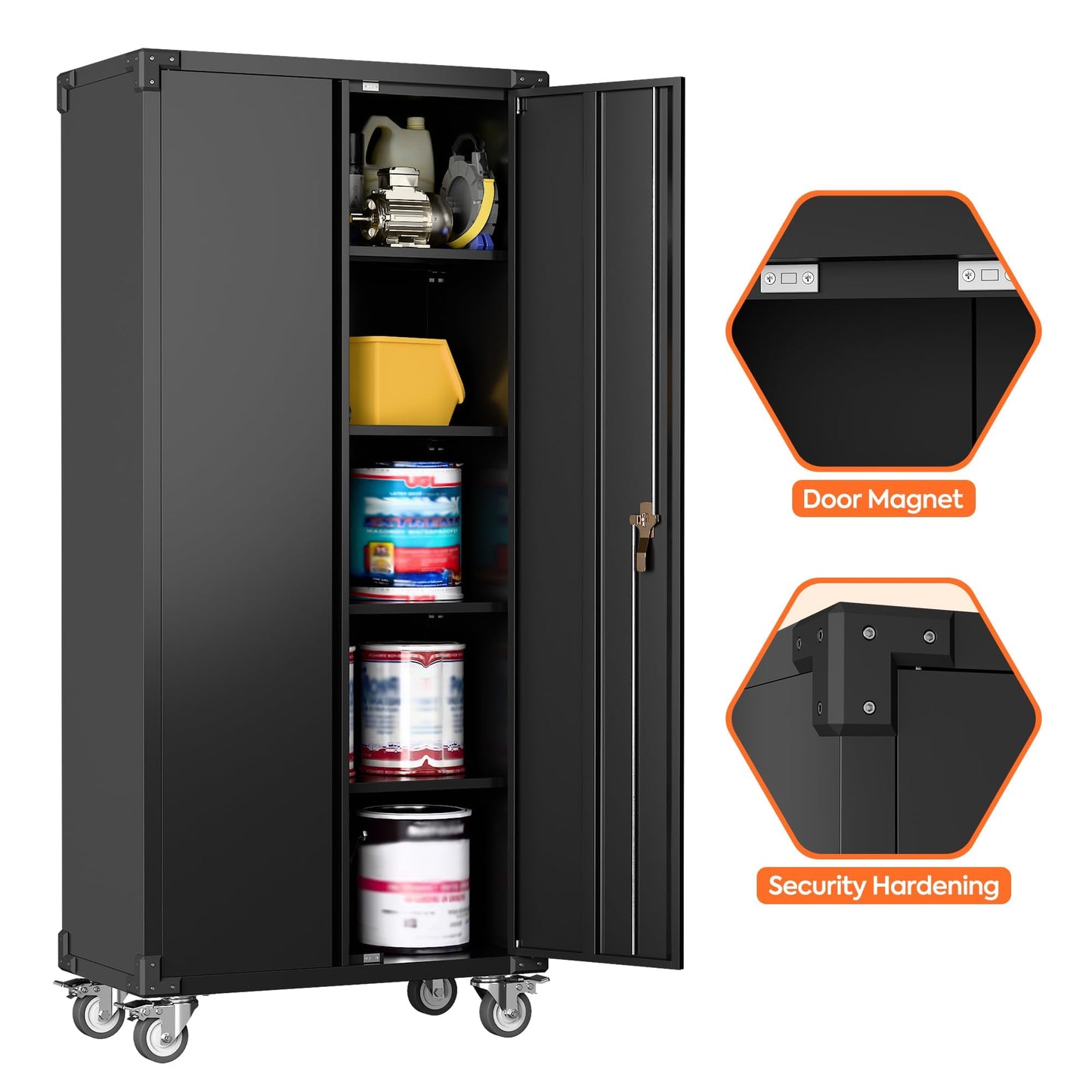 Reemoon Metal Storage Cabinet with Wheels, 72" Tall Garage Storage Cabinet with 5 Tier Shelves and Locking Doors, Rolling Tool Cabinet for Garage Home Office Utility Room (Black)-Required Assembly