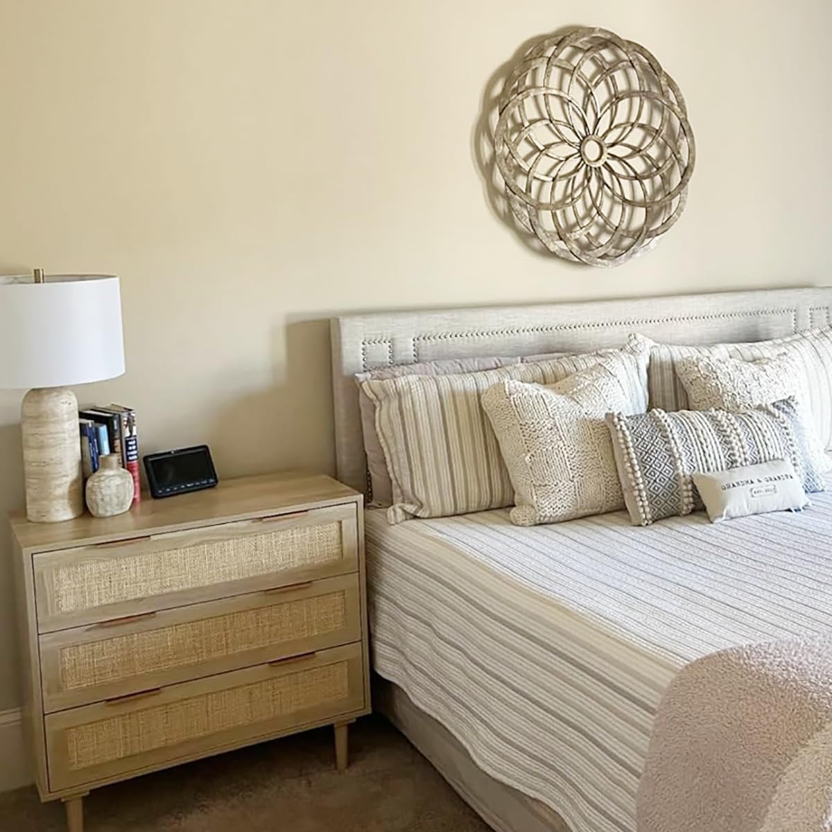 HOPUBUY Large Nightstand Set of 2 with Rattan Drawer, Modern 3 Drawer Night Stand for Bedroom, Wooden Bedside Table for Queen Size and King Size Bed,Oak HOPUBUY