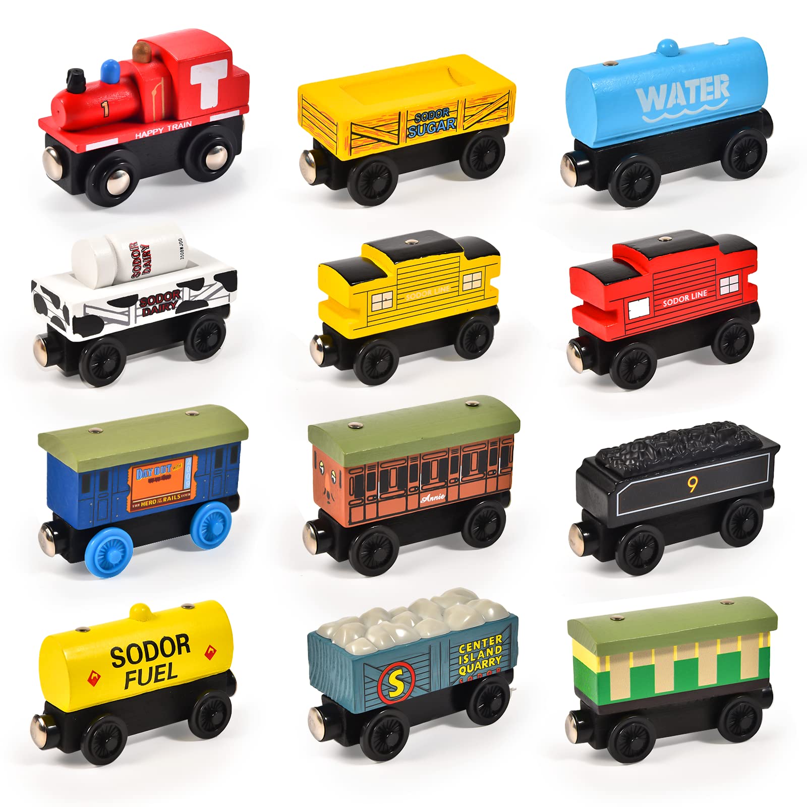 Atoylink 12Pcs Wooden Train Set Magnetic Train Toys for Toddlers Kids Engine Vehicles Toy Train Cars for Boys Girls Compatible with Train Tracks - WoodArtSupply