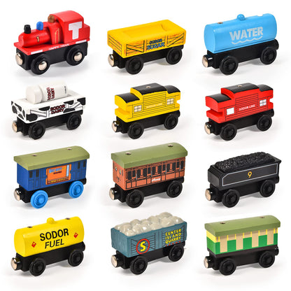 Atoylink 12Pcs Wooden Train Set Magnetic Train Toys for Toddlers Kids Engine Vehicles Toy Train Cars for Boys Girls Compatible with Train Tracks - WoodArtSupply