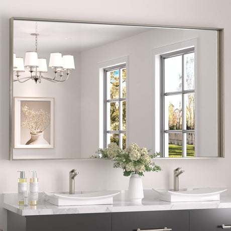 Keonjinn 60 x 36 in Brushed Nickel Bathroom Mirror, Rectangular Metal Framed Wall Vanity Mirror for Over Sink Square Corner Aluminum Alloy Modern Decorative Rectangle Mirror(Horizontal/Vertical) Keonjinn