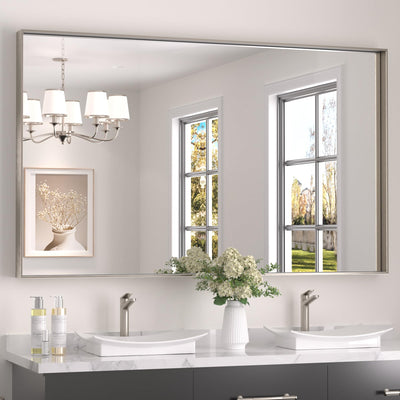 Keonjinn 60 x 36 in Brushed Nickel Bathroom Mirror, Rectangular Metal Framed Wall Vanity Mirror for Over Sink Square Corner Aluminum Alloy Modern Decorative Rectangle Mirror(Horizontal/Vertical)