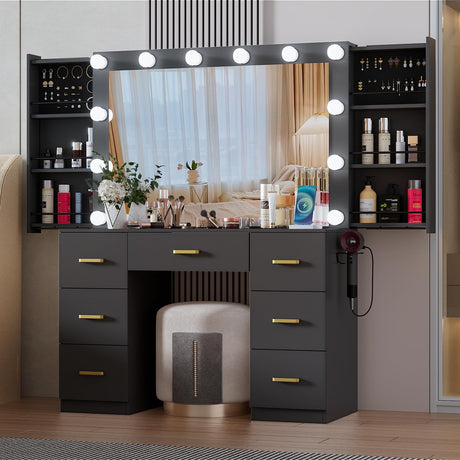 FURNJOYLIFE Black Makeup Vanity Desk with Lighted Mirror & Power Outlet,3 Color Modes, Brightness Adjustable,Vanity Table with Drawer,Sliding 2 Storage Wall-Mounted Jewelry,4 Shelves for Bedroom FURNJOYLIFE