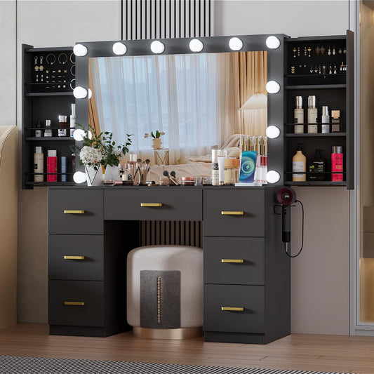 FURNJOYLIFE Black Makeup Vanity Desk with Lighted Mirror & Power Outlet,3 Color Modes, Brightness Adjustable,Vanity Table with Drawer,Sliding 2 Storage Wall-Mounted Jewelry,4 Shelves for Bedroom