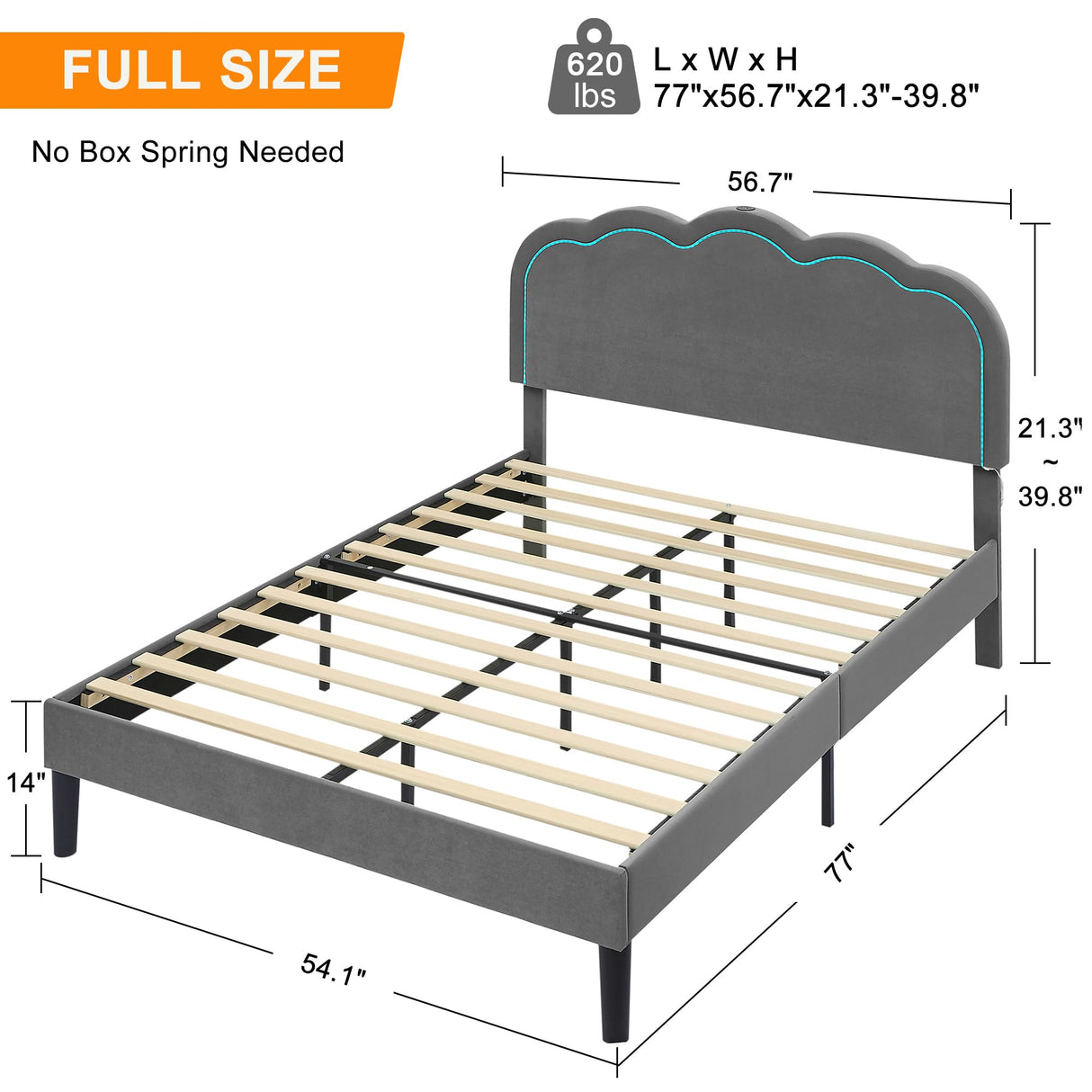 VECELO Upholstered Full Bed Frame with Headboard Adjustable, LED Lights, USB-A & Type-C, Velvet Platform Bed Noise Free, Mattress Foundation with Wooden Slats, No Box Spring Needed, Grey VECELO