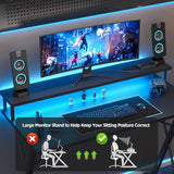 TIQLAB Gaming Desk with Power Outlets & LED 47 Inch Ergonomic Computer Carbon Fiber Surface Gamer Desk, Large Monitor Stand, Headphone Hook, PC Workstation for Bedroom, Black Desk TIQLAB