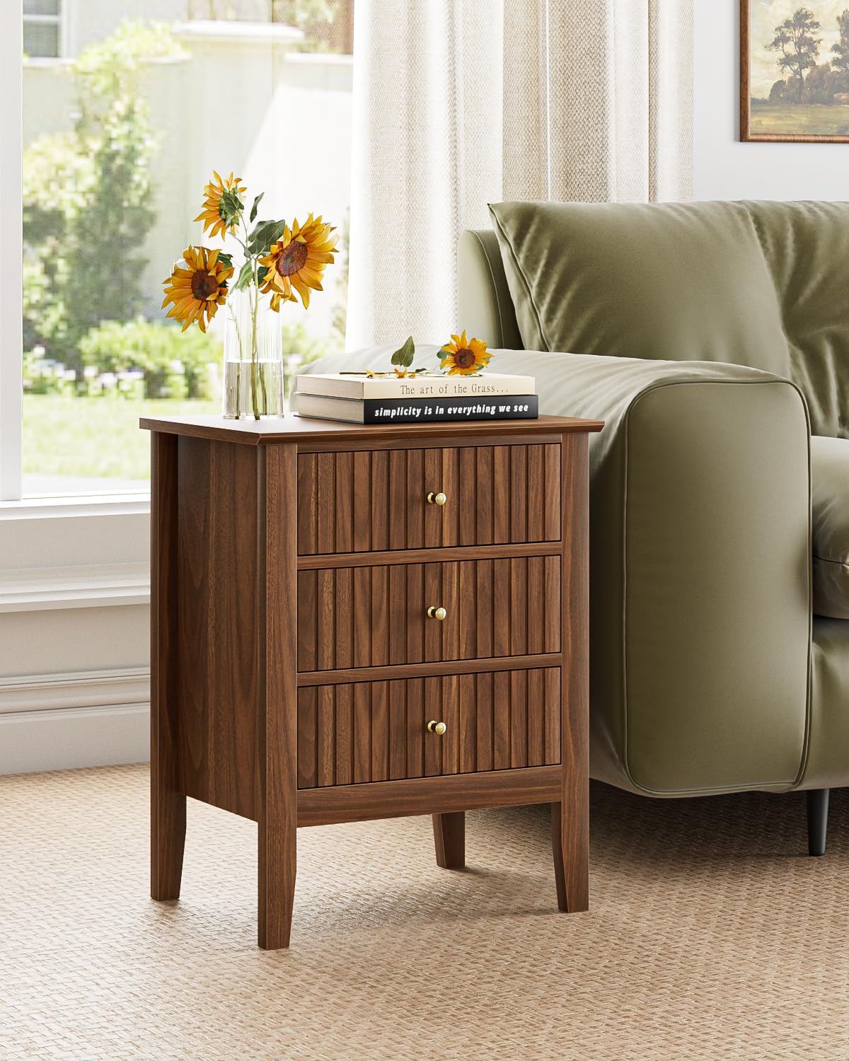 Apetaccat Night Stand, Fluted Nightstand Bedside Tall Farmhouse Nightstand with 3 Drawers, Mid Century Modern Side Accent Table,Bedside End Table for Bedroom, Living Room, Walnut Apetaccat