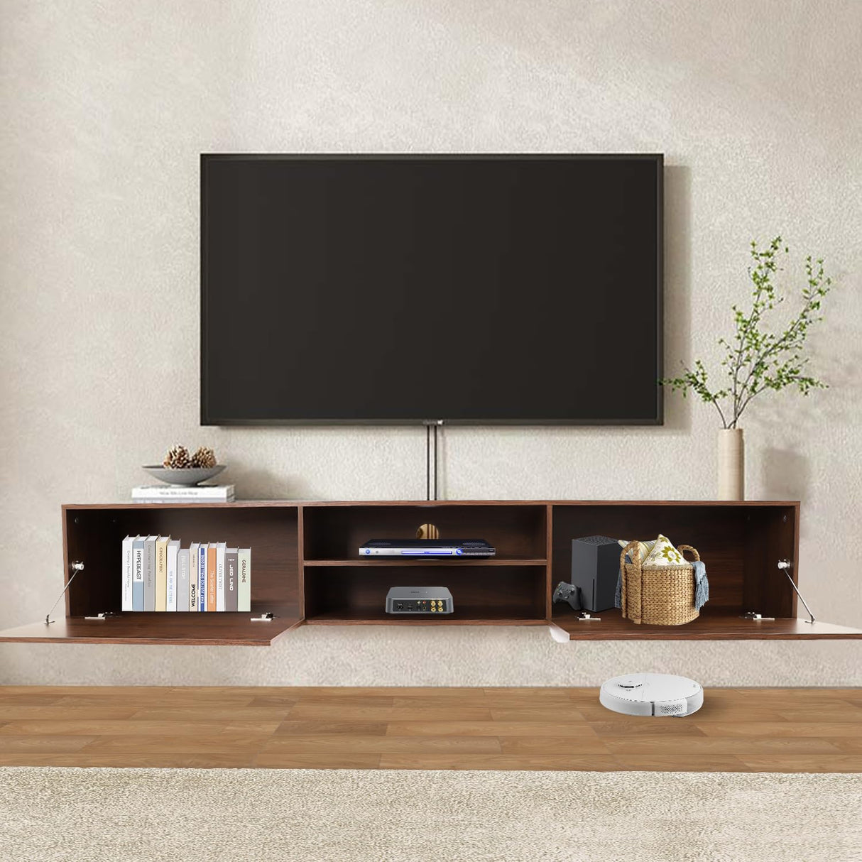 Floating TV Stand,70" Media Console for 60"70"80" tv,Entertainment Center with Storage, Mid Century Modern Wood tv shelf, 3 Cabinet tv Table,tv stand wall-mounted for Living Room (Dark Brown) TIMSATIO