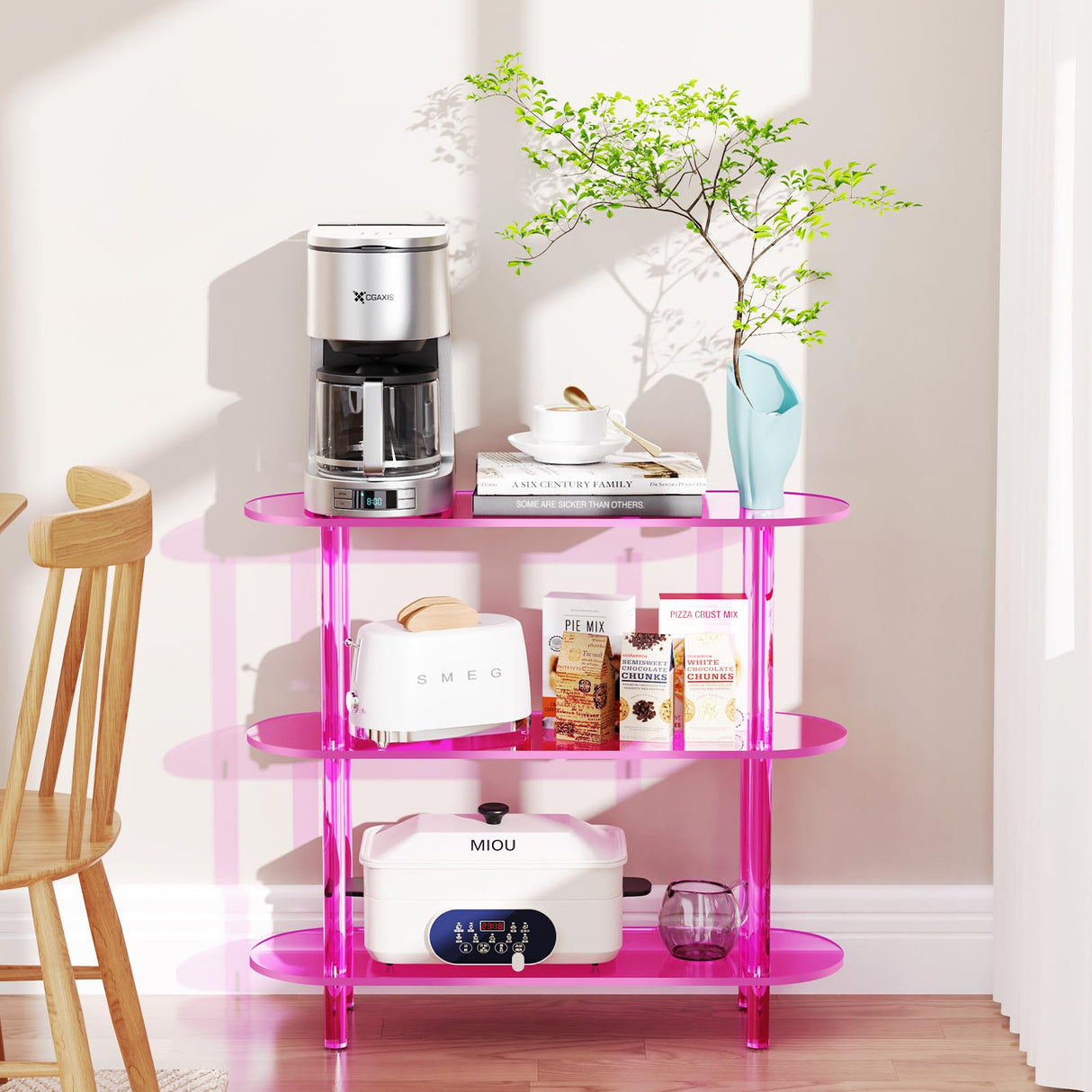 solaround Clear Bookshelf, Acrylic Bookcase with Open Book Shelf Console Table for Entryway Office (3 Tier Pink) solaround