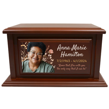 Personalized Solid Wood Human Urns for Ashes 250lbs, Custom Urn Box for Human Ashes, Large Burial and Cremation Urns for Ashes, Cherry Wood Color (Design 6) - WoodArtSupply