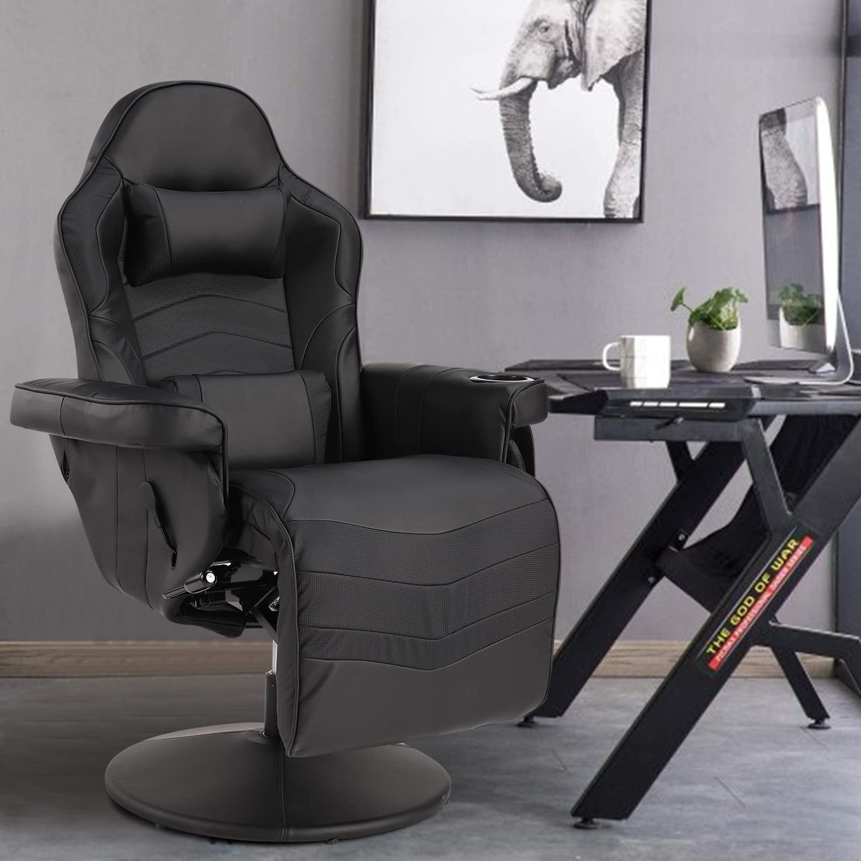 Consofa Gaming Chair, Reclining Gaming Chair with Footrest, PU Leather Massage Video Gaming Recliner Chair w/Adjustable Height, Swivel Gaming Chair with Lumbar Support, Side Pouch (Black) Consofa