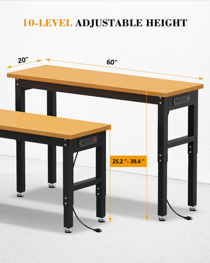 VORTEXTOVE 60" Adjustable Height Workbench 10 Level, 2000lbs Capacity Rubber Wood Top Work Station, Heavy-Duty Work Benches with Power Outlets, for Garage, Shop, Home, Office - WoodArtSupply