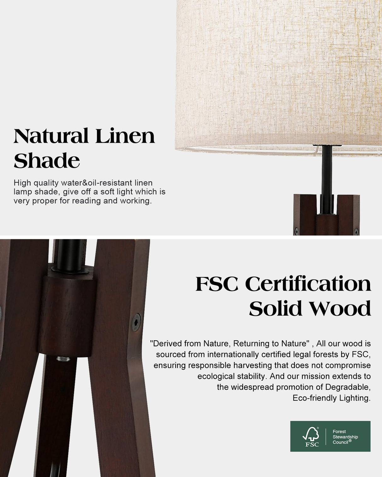 ELYONA Wood Tripod Floor Lamp for Bedroom, 3 Color Temperatures & Linen Shade, Modern Reading Standing Lamp with 9W LED Bulb, Mid Century Night Light for Farmhouse, Living Room, Office, Walnut ELYONA