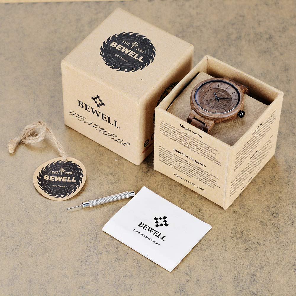 BEWELL Men/Womens Wooden Watch,Natural Handmade Minimalist Adjustable Wood Quartz Wristwatch BEWELL
