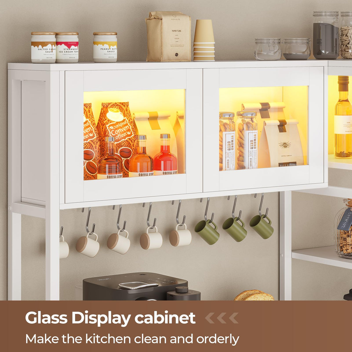 Itaar Bakers Rack with Power Outlet and LED Light, 45.3 Inch Farmhouse Coffee Bar Cabinet, Kitchen Microwave Stand with Storage, Glass Cabinet, Goblet Holder and 8 Hooks (White) Itaar