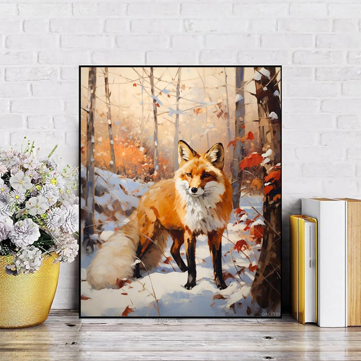 QACEYID DIY Canvas Acrylic Paint Kits, Animal Fox, Autumn Forest Snow Scene, Paint by Number Kit for Beginners and Ideal for Home Decor, 40x50cm, Without Frame QACEYID