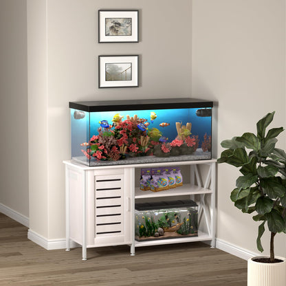 Herture 55-75 Gallon Fish Tank Stand, Aquarium Stand with Power Outlets and Cabinet for Fish Tank Accessories Storage, Heavy Duty Metal Frame, 52" L*19.68" W Tabletop, 1200LBS Capacity, White - WoodArtSupply