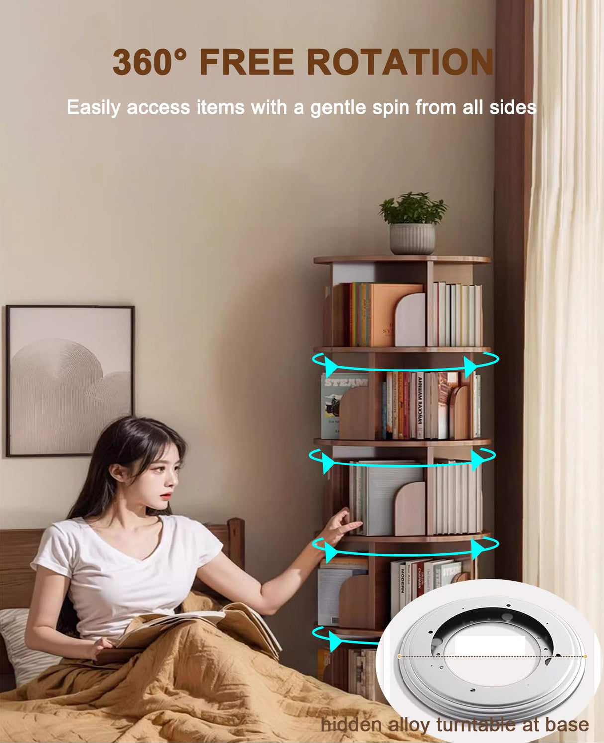 Rotating Bookshelf with Drawers On Wheel, 360° Display Spinning Corner Book Shelf Tower, 6 Tier Tall Narrow Bookshelves, Small Revolving Bookcase (Walnut, 6 Tier+Drawer) Breevia