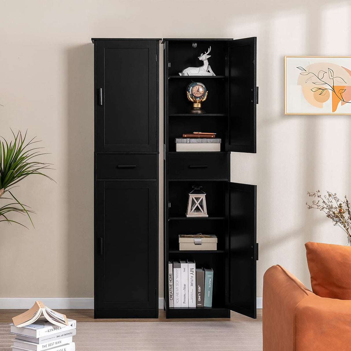 usikey 67“ Tall Bathroom Cabinet, Storage Cabinet with 4 Shelves & 2 Doors, Narrow Storage Cabinet for Bathroom, Living Room, Home Office, Black usikey