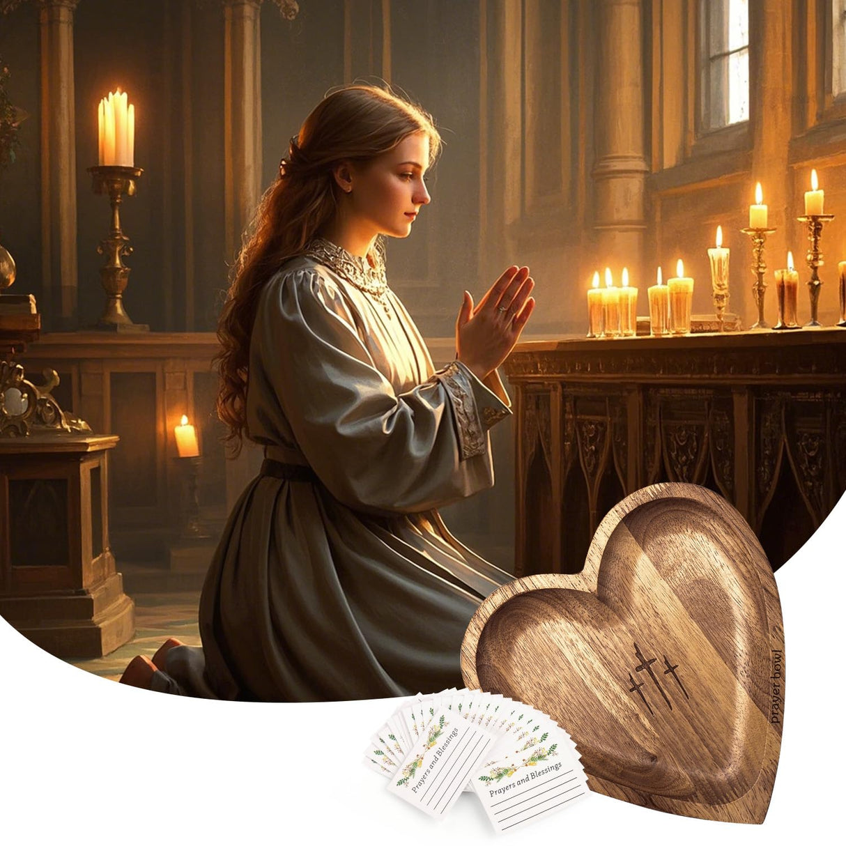 Woonmart Wooden Heart Prayer Bowl, Dough Bowl with 24 Prayer Cards, Religious Gifts, Heart Prayer Bowl, Easter Gifts Thanksgiving Day christian decor prayer box christian gifts for women Woonmart