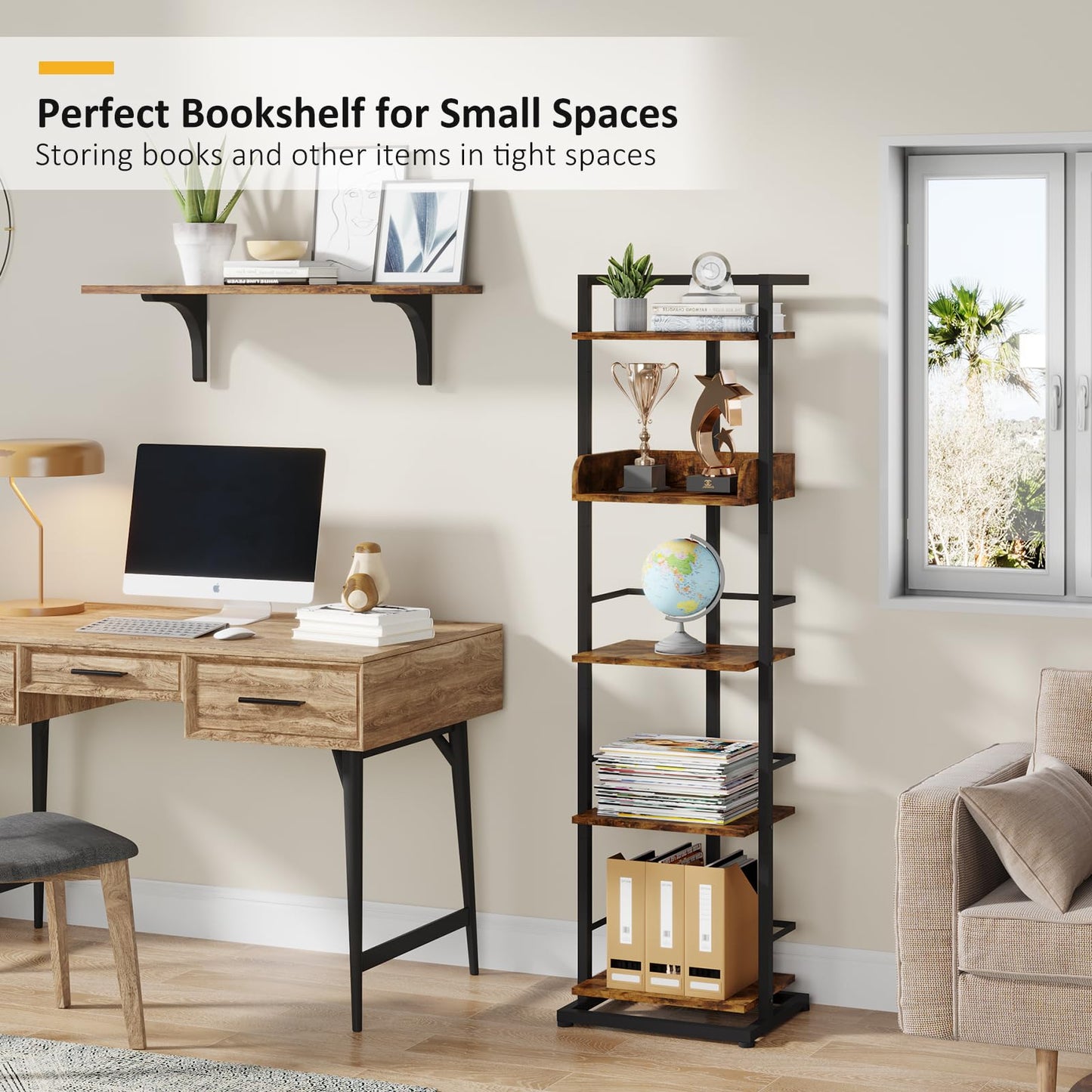 Narrow 5-Tier Industrial Rustic Brown Bookshelf with Metal Edge Protection - WoodArtSupply