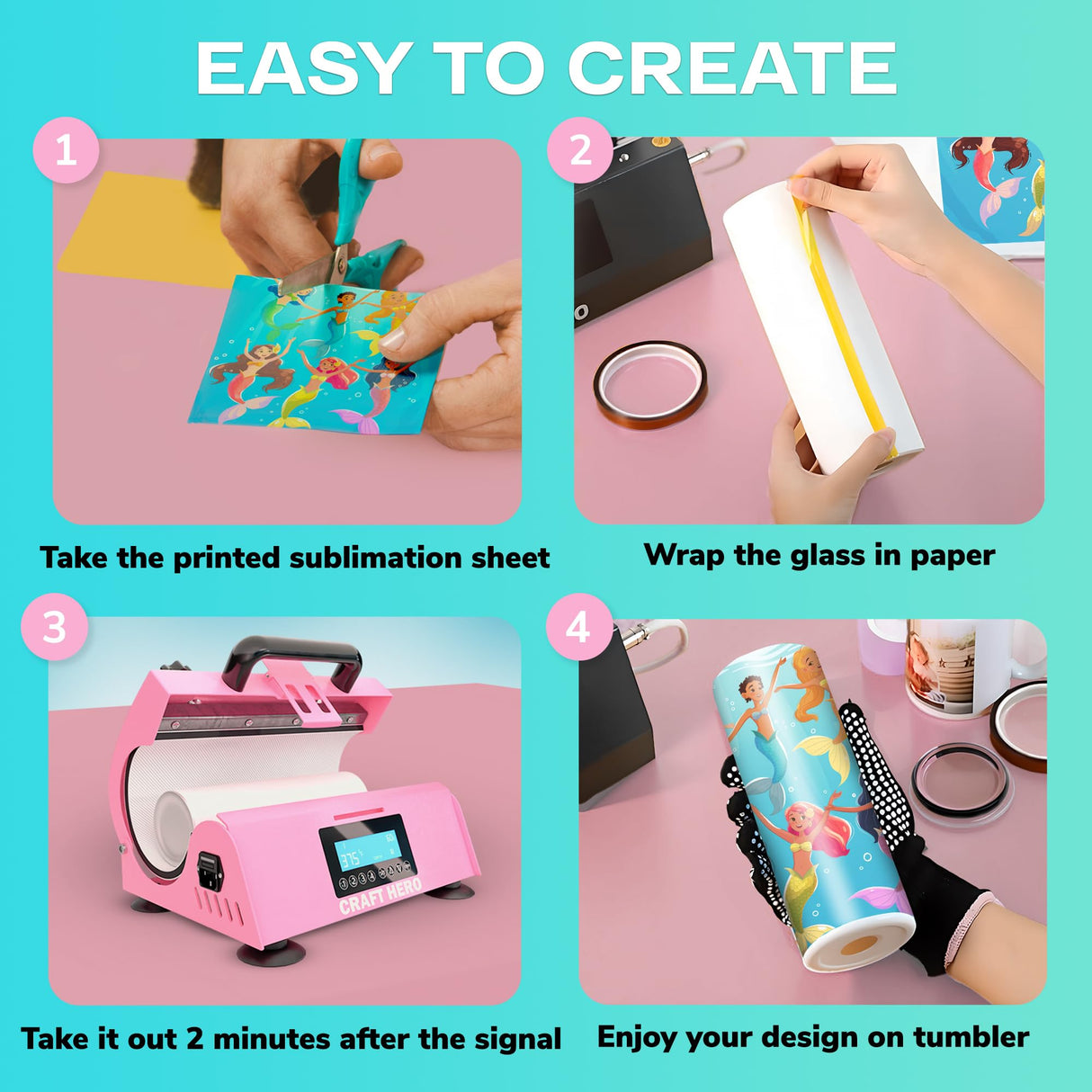 Tumbler Heat Press Machine Craft Hero (Pink) for 11oz, 15oz,16oz, 20oz, 30oz Sublimation Blanks Tumblers, Glass/Ceramic Mug, Coffee Cup with Sublimation Paper/Heat Tape CRAFT HERO