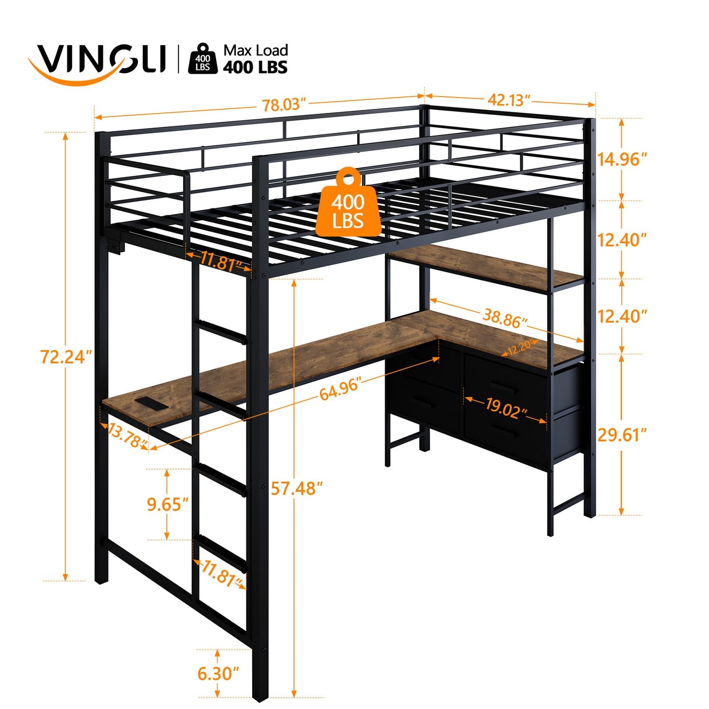 VINGLI Twin Metal Loft Bed Frame With 15" Safety Guardrail, Non-Slip Ladder, 2 Charging Stations, L-Shaped Desk, Storage Shelve, 4 Drawers, LED Lights, for Kids Boys Girls, No Box Spring Needed, Black