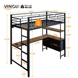 VINGLI Twin Metal Loft Bed Frame with 15 Inches Safety Guardrail, Non-Slip Ladder, 2 Charging Stations, L-Shaped Desk, Storage Shelve, 4 Drawers, LED Lights, for Kids, No Box Spring Needed, Black VINGLI