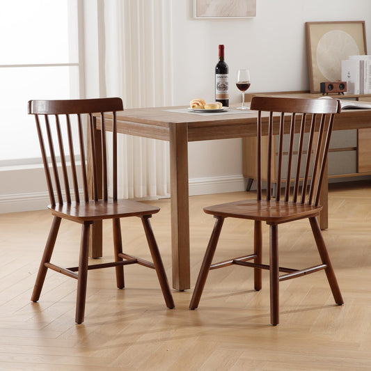 Janoray Farmhouse Style Windsor Chairs Set of 2, Vintage Kitchen & Dining Room Chairs with Spindle Back, Comfy Armless Solid Wood Side Chair for Home/Living Room/Restaurant, Walnut Wood - WoodArtSupply