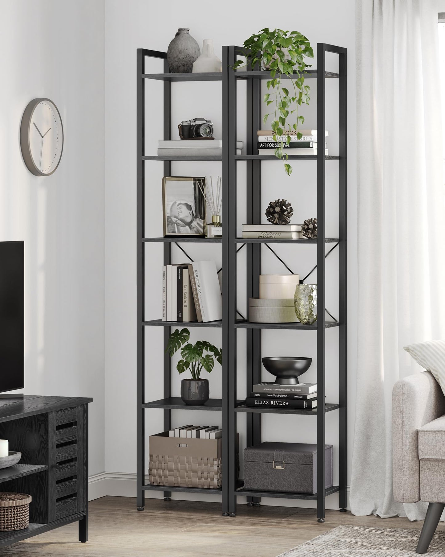 VASAGLE 6-Tier Tall Bookshelf, Narrow Bookcase with Steel Frame, Skinny Book Shelf for Living Room, Home Office, Study, 11.8 x 15.7 x 73.8 Inches, Industrial Style, Ebony Black and Black ULLS101B56